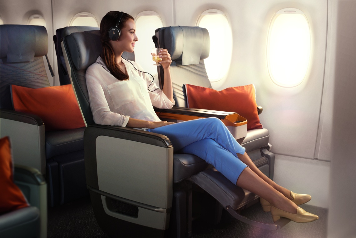 Woman in premium economy cabin on Singapore Airlines’s new A350-900ULR.